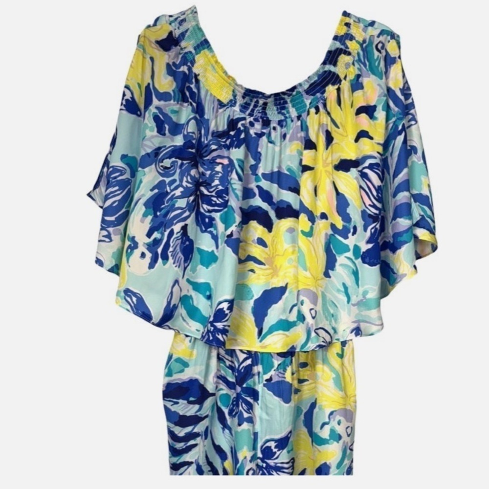 Lilly Pulitzer Blue Arbelle Tropical Print Off the Shoulder Romper - Picture 4 of 6